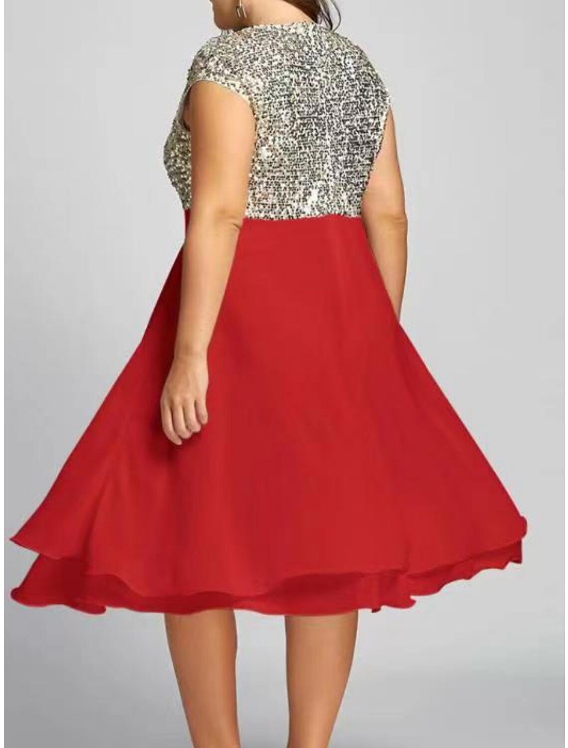 Abito da donna taglie forti nero con paillettes, abito da festa, abito scintillante, abito da ballo, abito midi tinta unita, manica corta, patchwork in rete, scollo rotondo, classico, nero e bianco, primavera estate